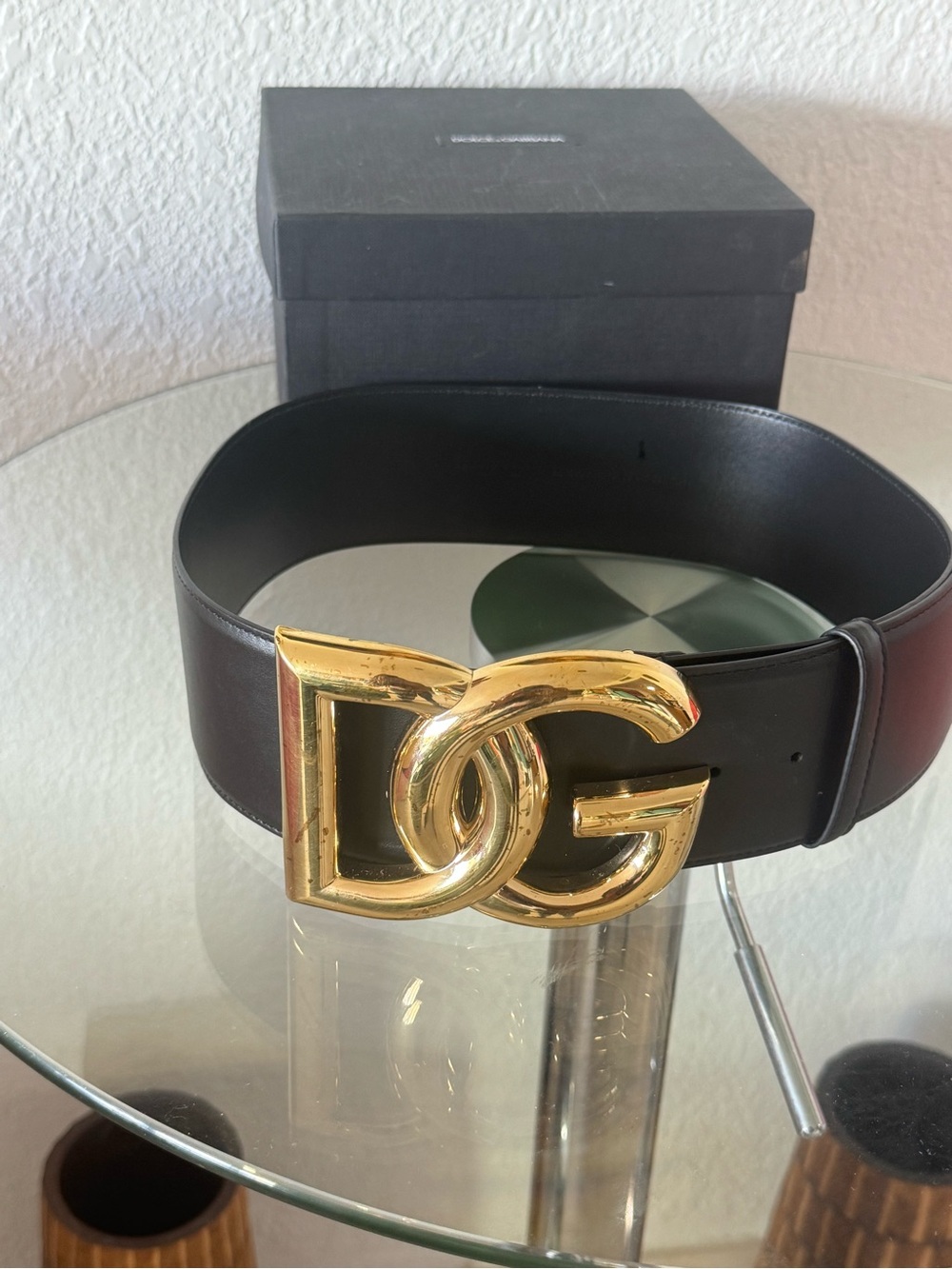Dolce & Gabbana Black Leather Belt with Gold DG Logo Buckle Size 85 Women's